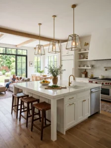 Functional kitchen island providing storage, seating, and workspace.