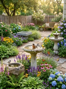 Collection of beautiful concrete bird bath ideas in a landscaped garden with flowers and birds.