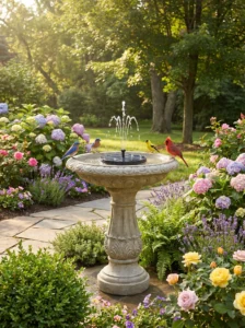 "Solar fountain bird bath attracting birds in a colorful garden landscape."