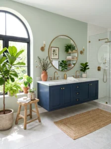 Modern bathroom featuring popular color ideas including sage green walls, navy vanity, marble surfaces, brass fixtures, and natural wood accents.