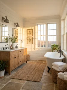 Timeless farmhouse bathroom featuring a wood vanity, shiplap walls, clawfoot tub, and black fixtures.