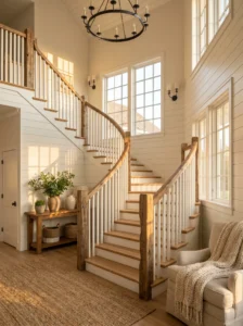 Modern farmhouse staircase with rustic wood railing and white balusters creating a warm and inviting entryway.