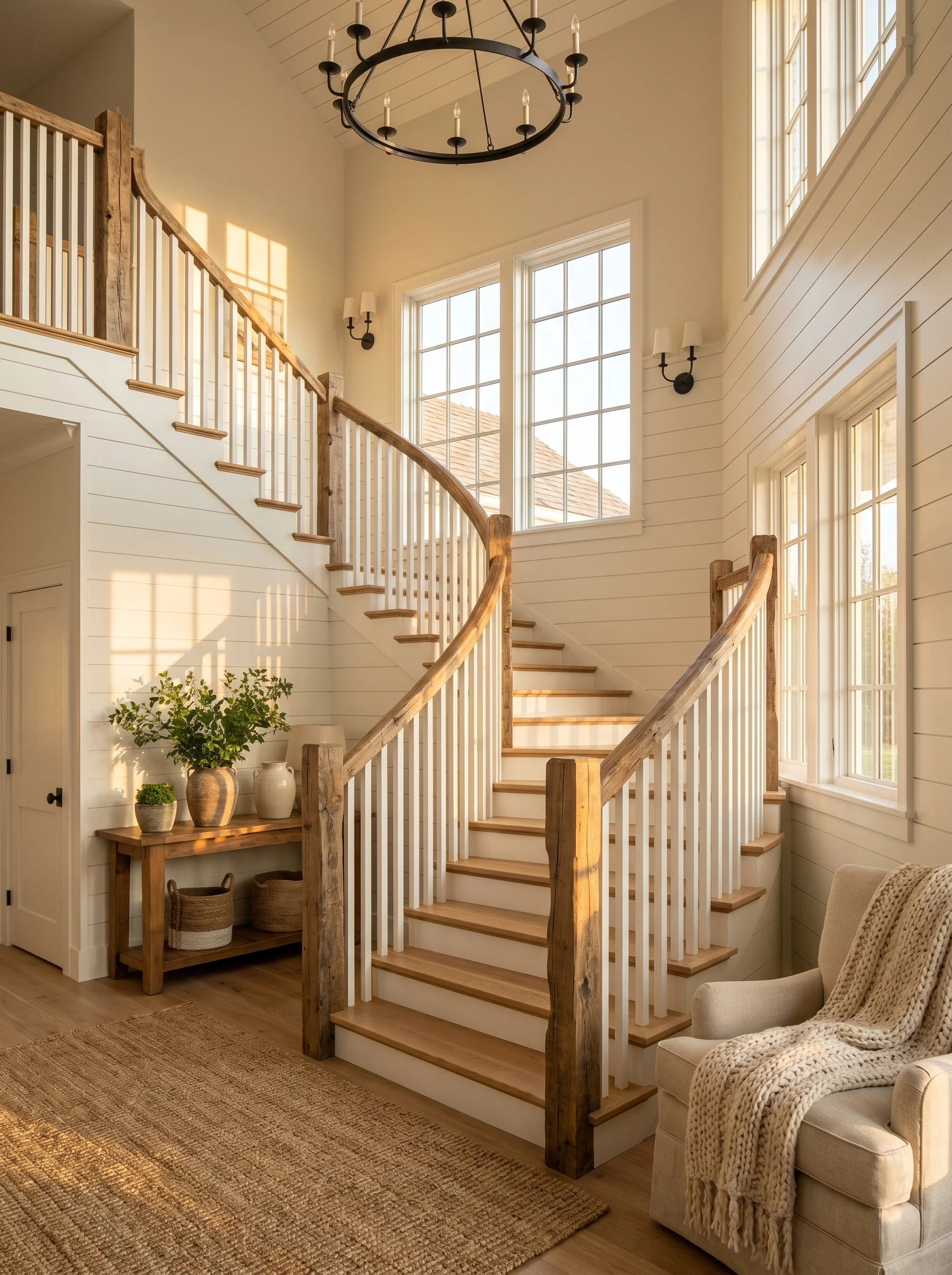 Modern farmhouse staircase with rustic wood railing and white balusters creating a warm and inviting entryway.