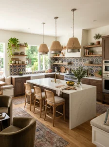 Modern kitchen featuring a large island, pendant lighting, open shelving, wood accents, and stylish decor for fresh kitchen inspiration.