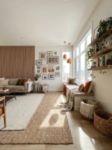 Modern living room featuring DIY home decor ideas including gallery wall, floating shelves, cozy reading nook, and wood accent wall.