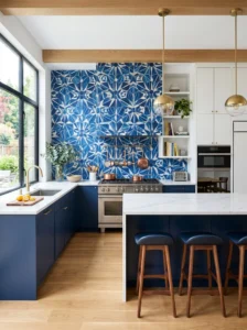 Kitchen with a bold patterned tile backsplash creating a striking focal point.