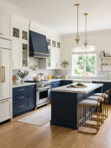 Kitchen with elegant two-tone cabinetry in navy and white.