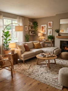  Well-designed living room showing proper furniture placement and layered lighting.