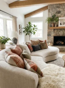 Custom decorative pillows adding texture and style to a living room.
