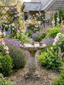 Classic concrete pedestal bird bath surrounded by colorful cottage garden flowers.