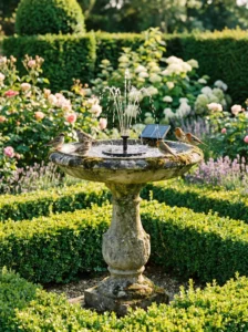 "Classic pedestal solar fountain bird bath in a formal garden."