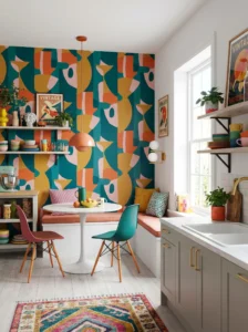 Modern kitchen featuring removable statement wallpaper with bold abstract patterns.