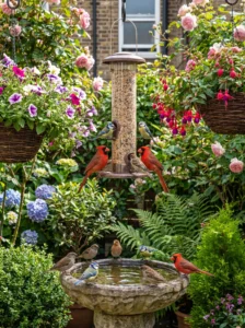 Multi-level hanging bird feeder and bird bath combination for small gardens.