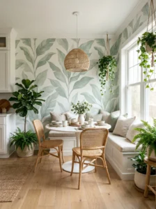 Kitchen breakfast nook featuring sage green botanical leaf wallpaper and natural decor.
