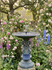 "Vintage-inspired solar fountain bird bath surrounded by roses."