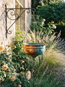 Copper hanging bird bath with natural patina in a landscaped garden.