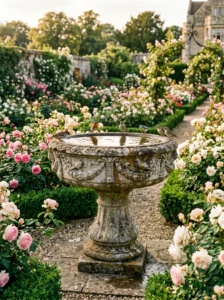Antique-style concrete bird bath with decorative carvings in a formal garden.