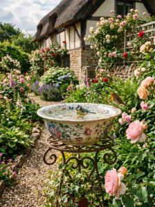 Vintage ceramic bowl bird bath surrounded by garden flowers.
