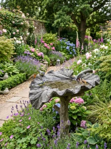 Sculptural concrete bird bath designed as a decorative garden centerpiece.