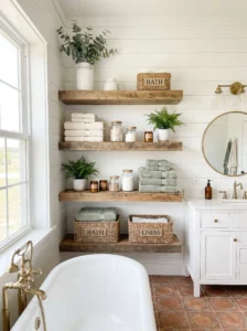 Open bathroom shelving styled with towels, plants, and storage accessories.