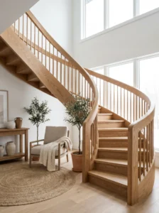 Natural oak farmhouse stair railing highlighting warm wood tones and grain patterns.