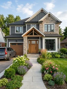 Fiberglass front door with realistic wood-grain texture and classic appearance.