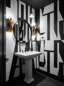 Powder room with striking black and white graphic wallpaper.