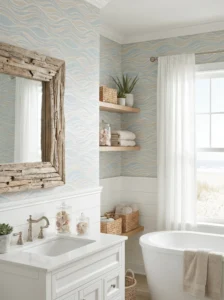 Coastal bathroom with blue wallpaper inspired by ocean waves.