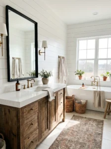 Farmhouse bathroom with white shiplap walls and rustic wood vanity.