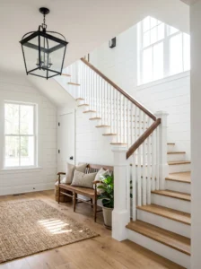Farmhouse staircase featuring white balusters and a stained wood handrail in a bright entryway.