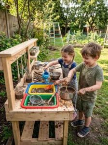 Plastic washing basin used as an affordable mud kitchen sink for outdoor play.