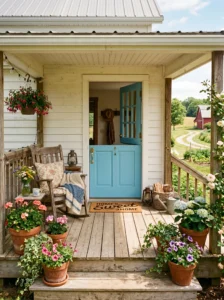 Farmhouse-style Dutch door with the upper section open for fresh air.