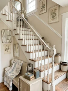 Distressed painted farmhouse stair railing with vintage charm and weathered finishes.