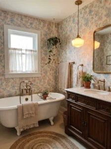 Vintage bathroom with floral wallpaper and clawfoot bathtub.