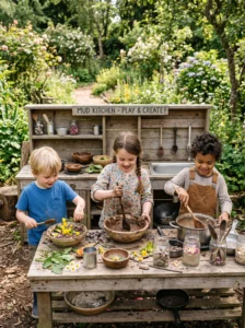 Children enjoying creative outdoor play in a homemade mud kitchen