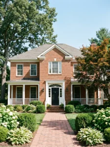 Colonial-style porch railings enhancing a traditional home's symmetrical design.