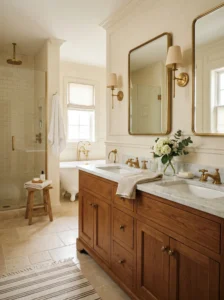 Creamy ivory bathroom with warm wood accents and timeless decor.