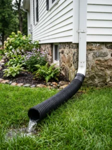 "Downspout extension pipe directing rainwater away from a home's foundation."