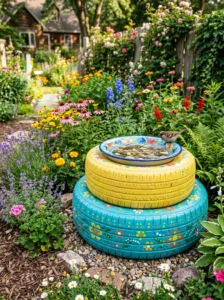 Upcycled tire bird bath painted in bright colors.