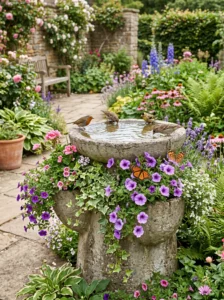 Concrete bird bath with integrated flower planters and visiting birds.