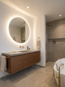 Backlit bathroom mirror creating soft ambient lighting above vanity.