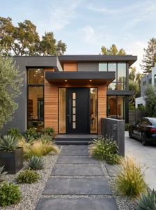 Modern black steel front door creating a sleek and sophisticated entrance.
