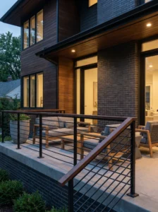 Mixed wood and metal porch railings creating a modern and inviting look.