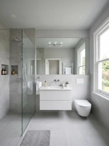 Light gray bathroom with modern fixtures and minimalist decor.