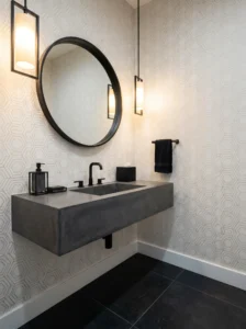 Modern powder room with geometric hexagon wallpaper design.
