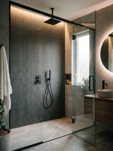 Modern shower with textured accent wall adding depth and visual interest.