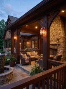 Dark-stained wood porch railings adding warmth and sophistication to the exterior.