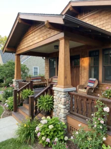 Craftsman-style porch railing with decorative wood details and stone columns.