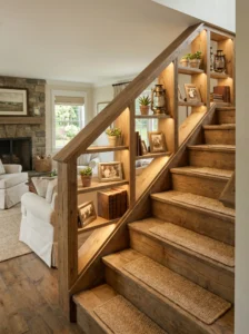 Farmhouse staircase with built-in shelf railing displaying decorative accents and plants.
