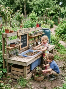 Large plastic storage bin repurposed as a mud kitchen sink.